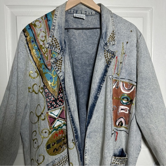 Vintage 80s Charle Casuals California Embellished Denim Jacket Acid 1980s Artsy - Picture 3 of 16